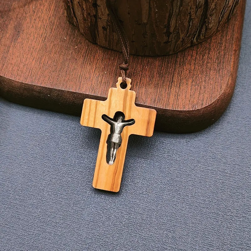 BlessingTree Olive Wood Crucifix with Silver Alloy Corpus and INRI