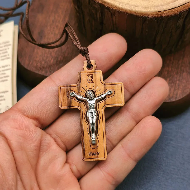 BlessingTree Olive Wood Crucifix with Silver Alloy Corpus and INRI