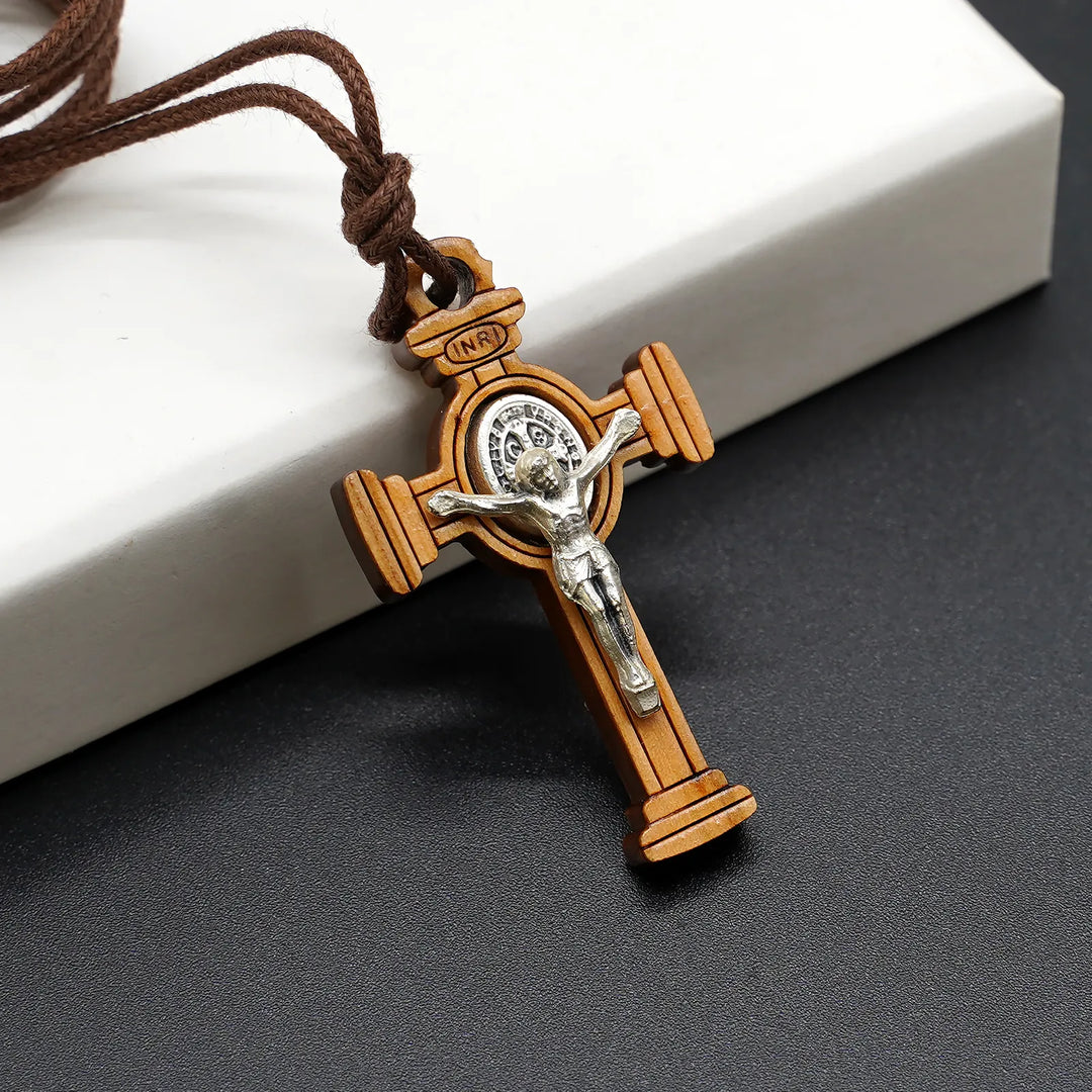 BlessingTree Saint Benedict Gothic Olive Wood Crucifix Necklace with Cord