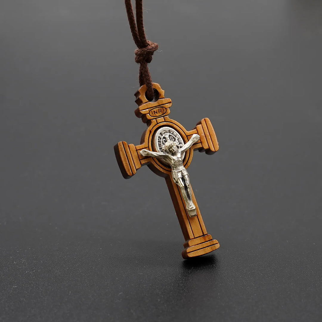 BlessingTree Saint Benedict Gothic Olive Wood Crucifix Necklace with Cord