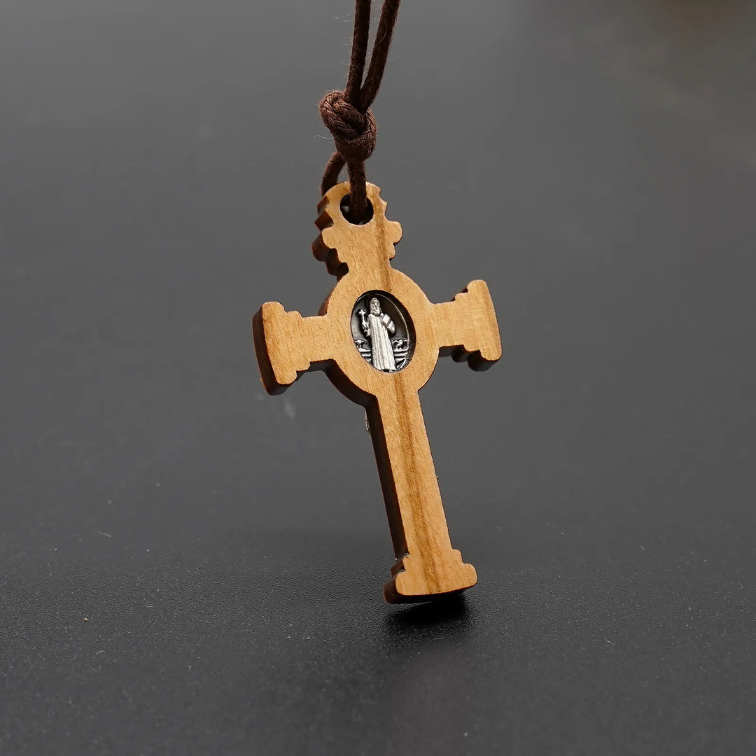 BlessingTree Saint Benedict Gothic Olive Wood Crucifix Necklace with Cord