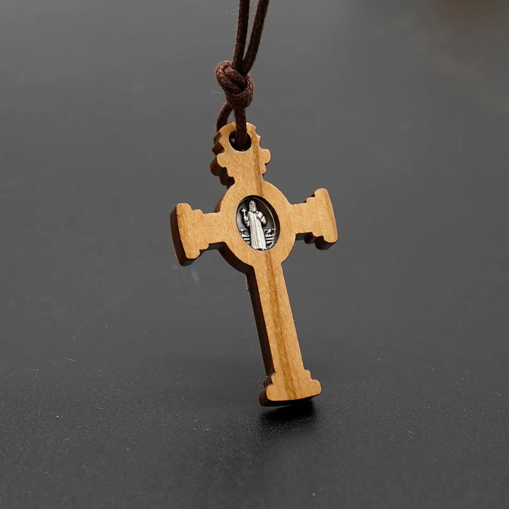 BlessingTree Saint Benedict Gothic Olive Wood Crucifix Necklace with Cord