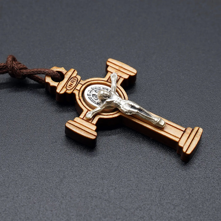 BlessingTree Saint Benedict Gothic Olive Wood Crucifix Necklace with Cord
