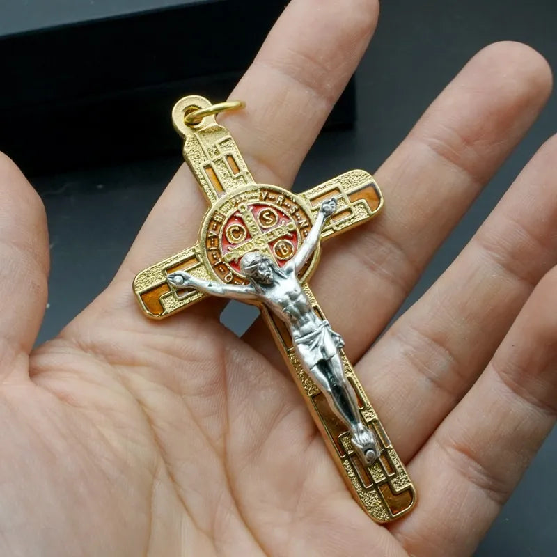 BlessingTree Saint Benedict Enamel Crucifix Pendant in Gold Tone
