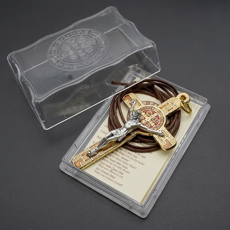 BlessingTree Saint Benedict Enamel Crucifix Pendant in Gold Tone