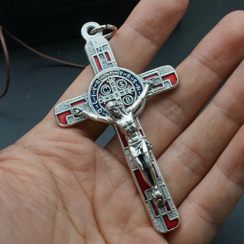 BlessingTree Saint Benedict Silver Plated Enamel Crucifix Necklace