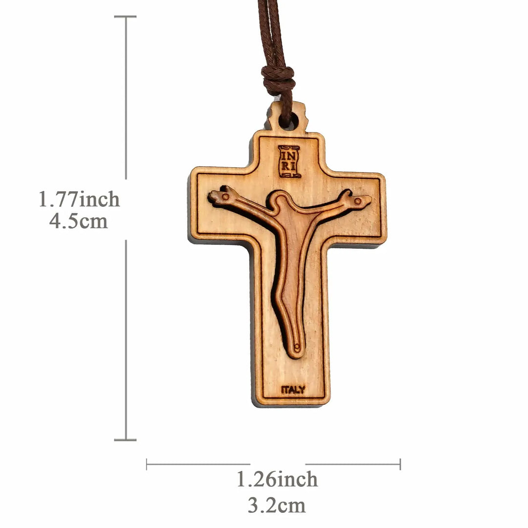 BlessingTree Olive Wood Double Layer Crucifix Necklace with INRI and Cord