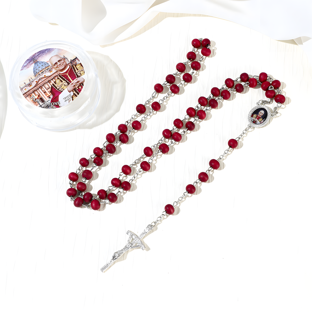 BlessingTree Pope Leo XIV Red Rose Scented Wooden Rosary Necklace with Crucifix