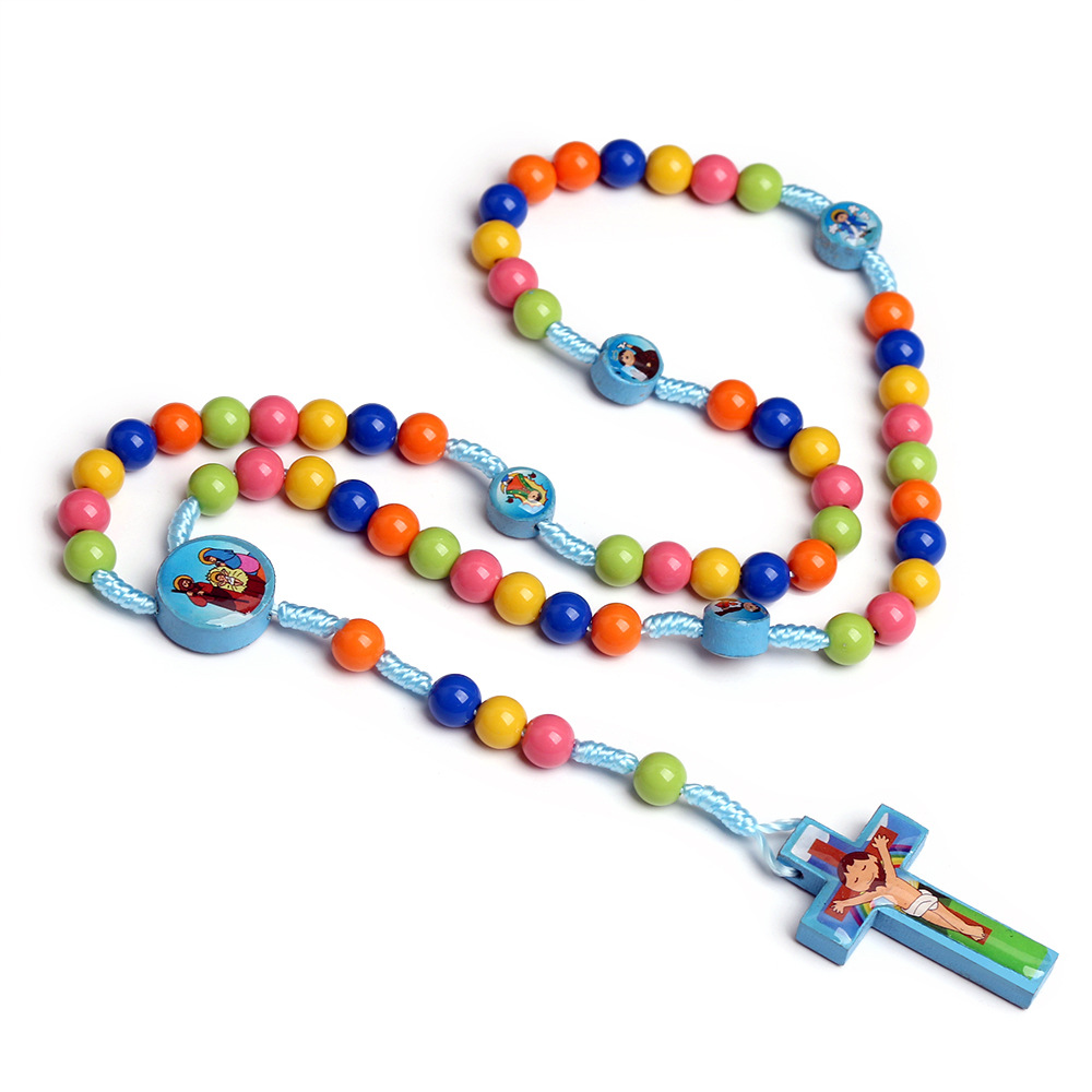 BlessingTree Kids Colorful Rosary Necklace with Cartoon Cross