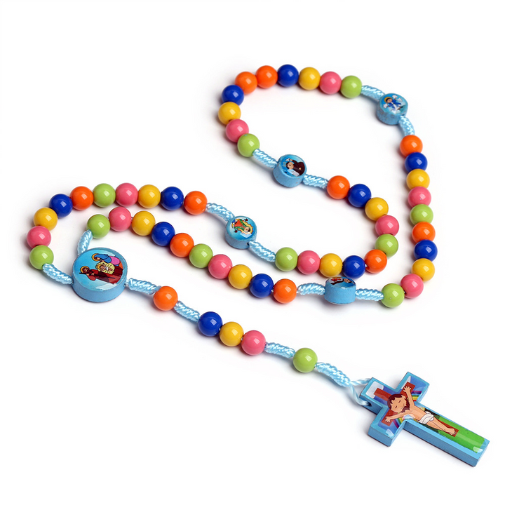 BlessingTree Kids Colorful Rosary Necklace with Cartoon Cross
