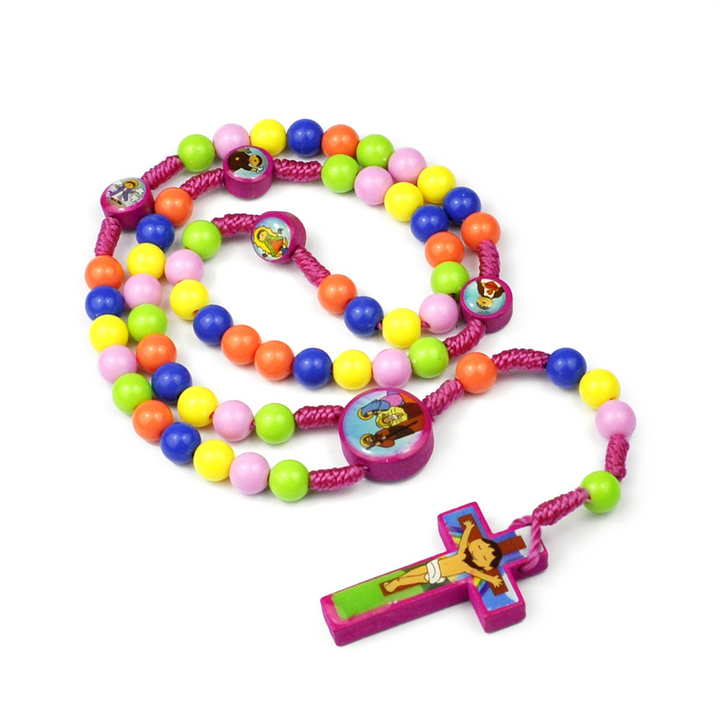 BlessingTree Kids Colorful Rosary Necklace with Cartoon Cross