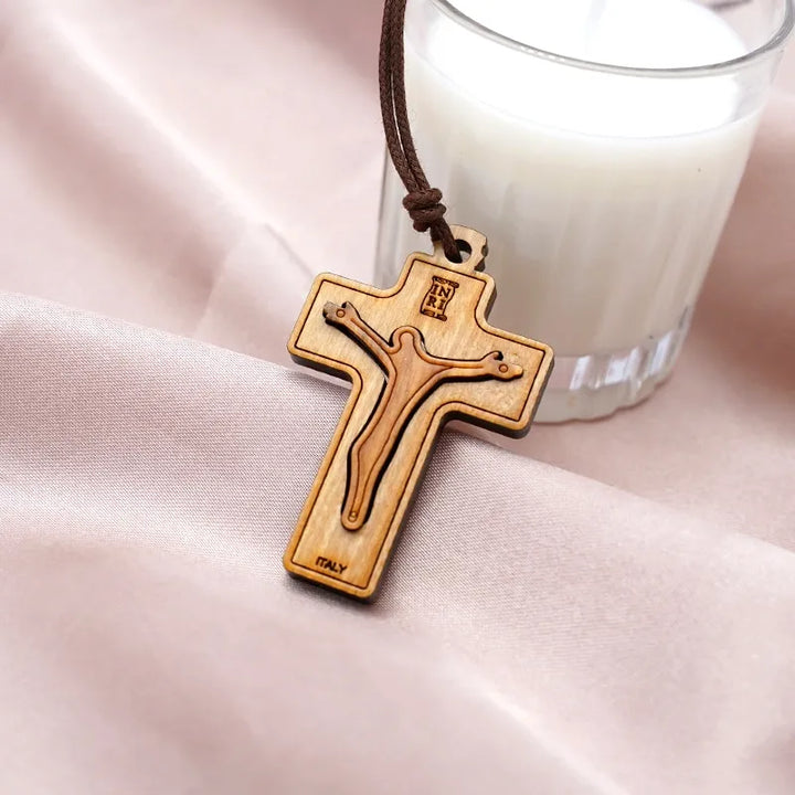 BlessingTree Olive Wood Double Layer Crucifix Necklace with INRI and Cord