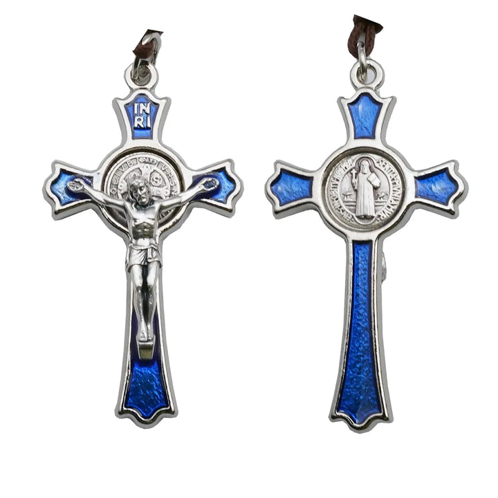 BlessingTree Saint Benedict Crucifix Pendant with Blue Enamel and Brown Cord