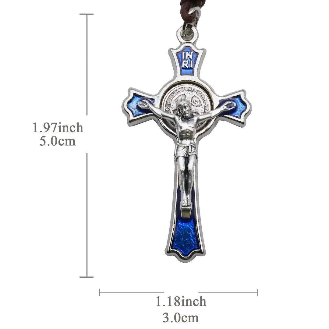 BlessingTree Saint Benedict Crucifix Pendant with Blue Enamel and Brown Cord