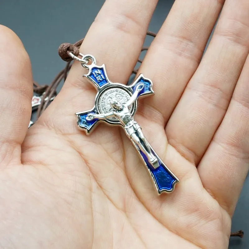 BlessingTree Saint Benedict Crucifix Pendant with Blue Enamel and Brown Cord