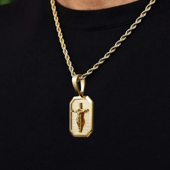 BlessingTree Crucifix Dog Tag Pendant Necklace 18K Gold Plated Copper Rope Chain Catholic Jewelry