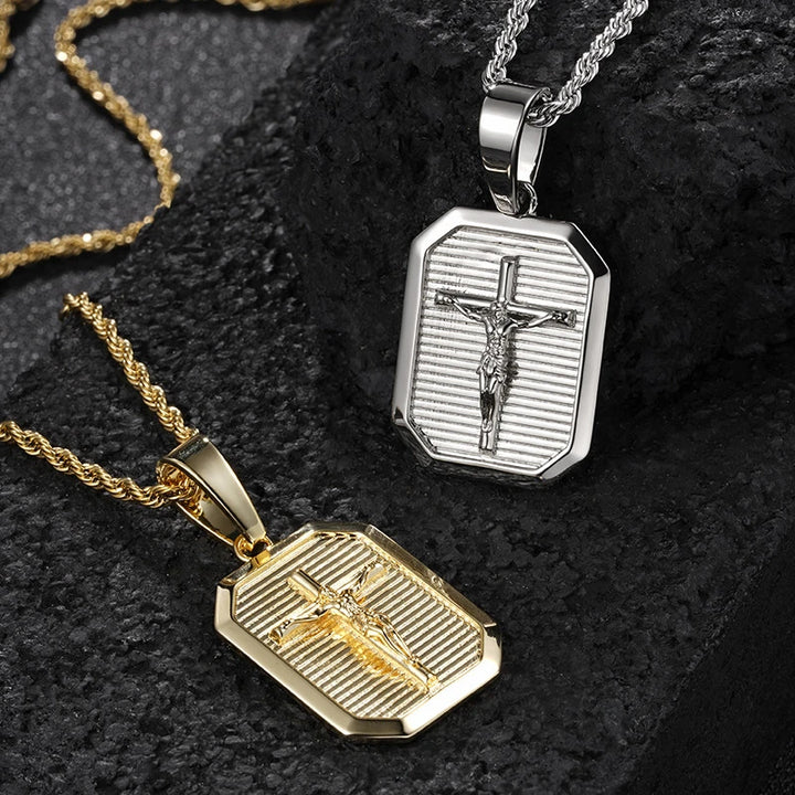 BlessingTree Crucifix Dog Tag Pendant Necklace 18K Gold Plated Copper Rope Chain Catholic Jewelry