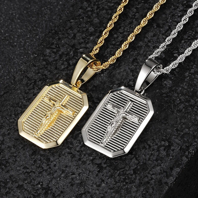 BlessingTree Crucifix Dog Tag Pendant Necklace 18K Gold Plated Copper Rope Chain Catholic Jewelry