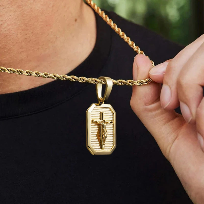 BlessingTree Crucifix Dog Tag Pendant Necklace 18K Gold Plated Copper Rope Chain Catholic Jewelry