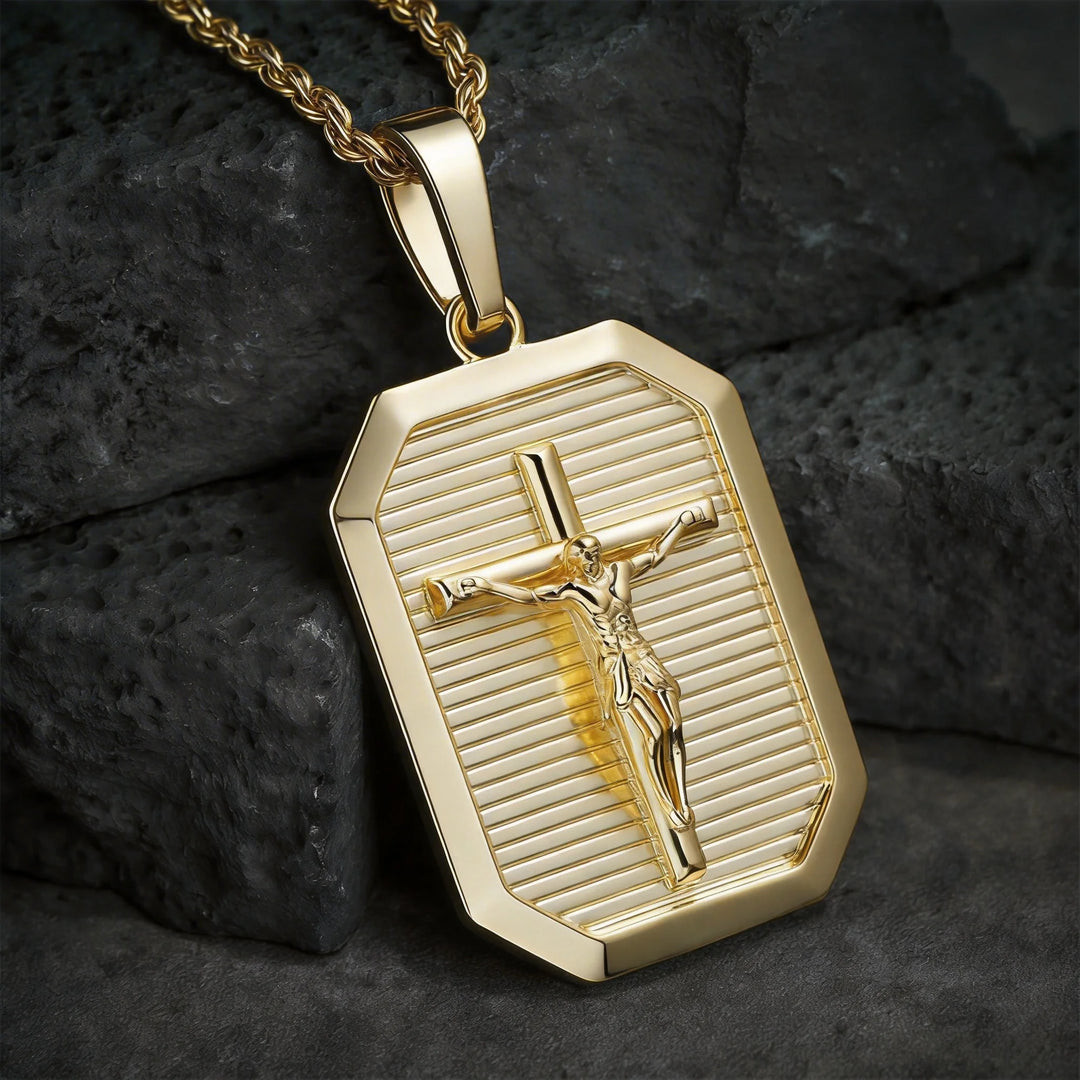 BlessingTree Crucifix Dog Tag Pendant Necklace 18K Gold Plated Copper Rope Chain Catholic Jewelry