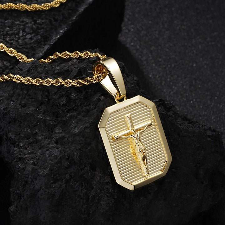 BlessingTree Crucifix Dog Tag Pendant Necklace 18K Gold Plated Copper Rope Chain Catholic Jewelry