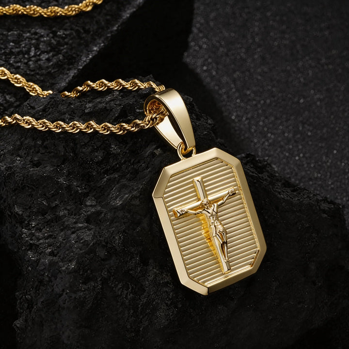 BlessingTree Crucifix Dog Tag Pendant Necklace 18K Gold Plated Copper Rope Chain Catholic Jewelry