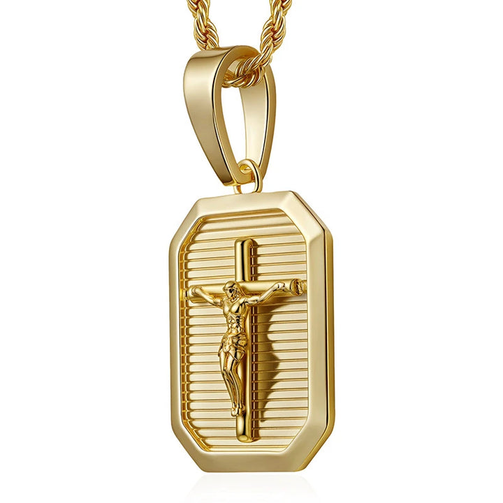 BlessingTree Crucifix Dog Tag Pendant Necklace 18K Gold Plated Copper Rope Chain Catholic Jewelry