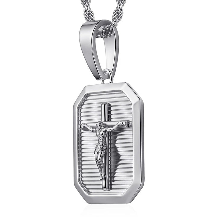 BlessingTree Crucifix Dog Tag Pendant Necklace 18K Gold Plated Copper Rope Chain Catholic Jewelry