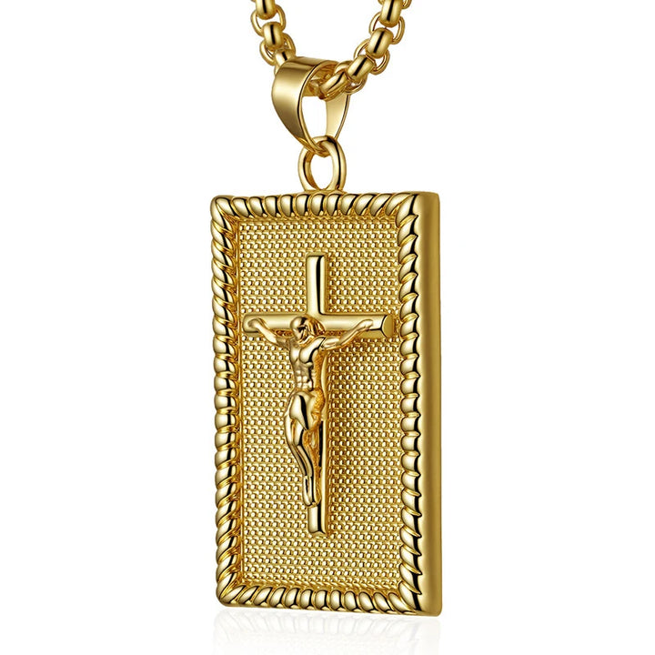 BlessingTree Crucifix Rectangle Pendant Necklace 18K Gold Plated Copper Box Chain with Extender