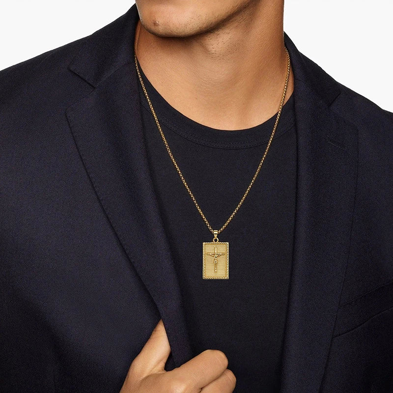 BlessingTree Crucifix Rectangle Pendant Necklace 18K Gold Plated Copper Box Chain with Extender