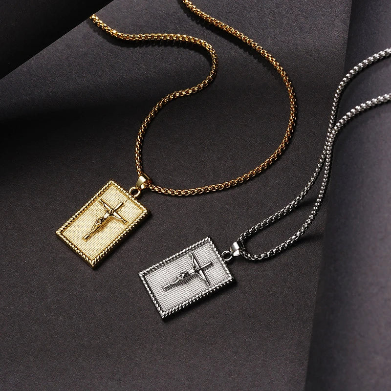 BlessingTree Crucifix Rectangle Pendant Necklace 18K Gold Plated Copper Box Chain with Extender