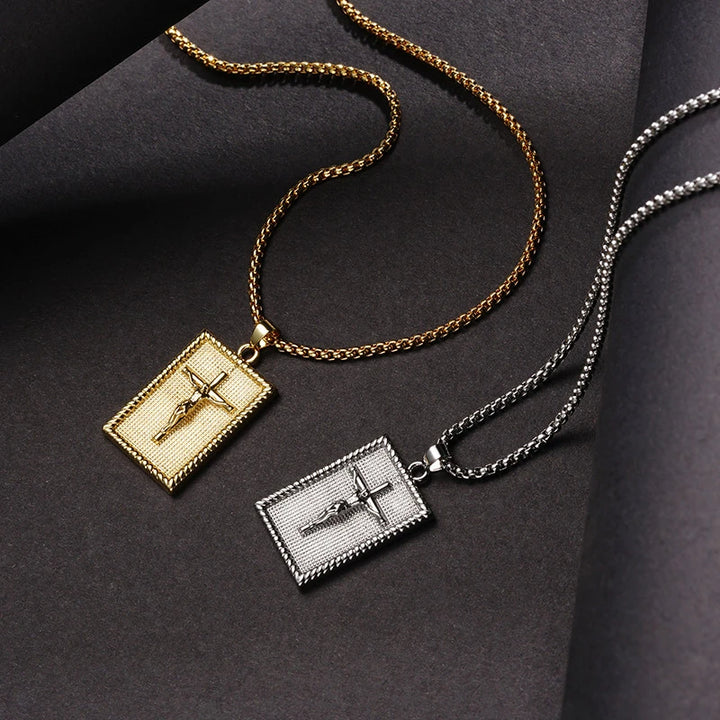 BlessingTree Crucifix Rectangle Pendant Necklace 18K Gold Plated Copper Box Chain with Extender