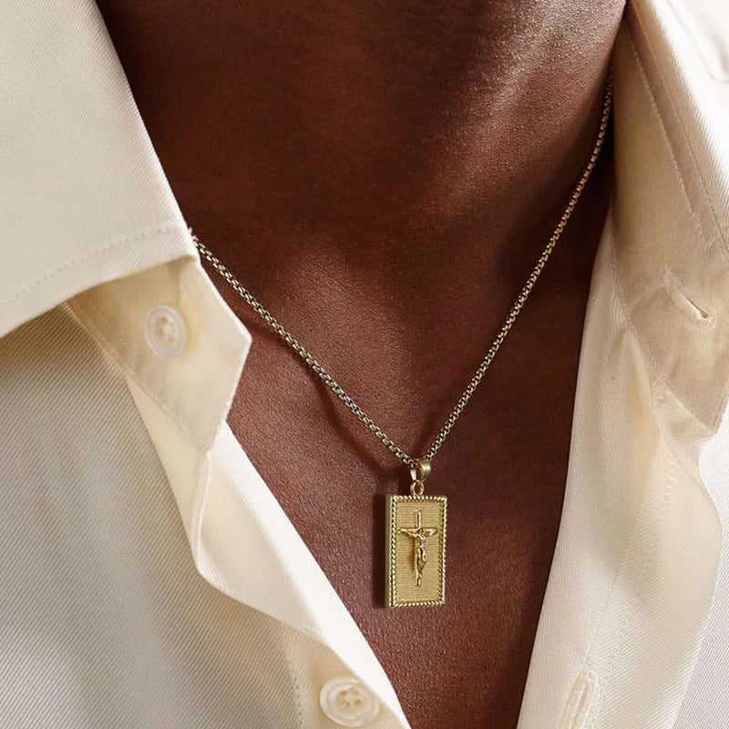 BlessingTree Crucifix Rectangle Pendant Necklace 18K Gold Plated Copper Box Chain with Extender