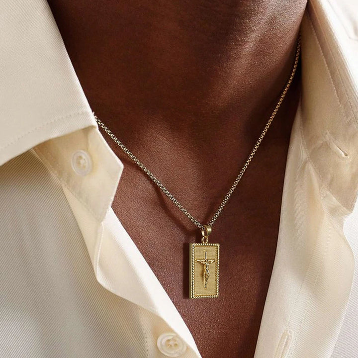 BlessingTree Crucifix Rectangle Pendant Necklace 18K Gold Plated Copper Box Chain with Extender