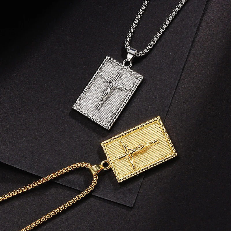 BlessingTree Crucifix Rectangle Pendant Necklace 18K Gold Plated Copper Box Chain with Extender