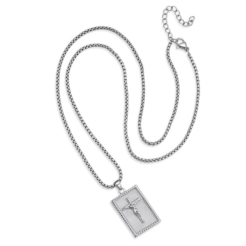 BlessingTree Crucifix Rectangle Pendant Necklace 18K Gold Plated Copper Box Chain with Extender