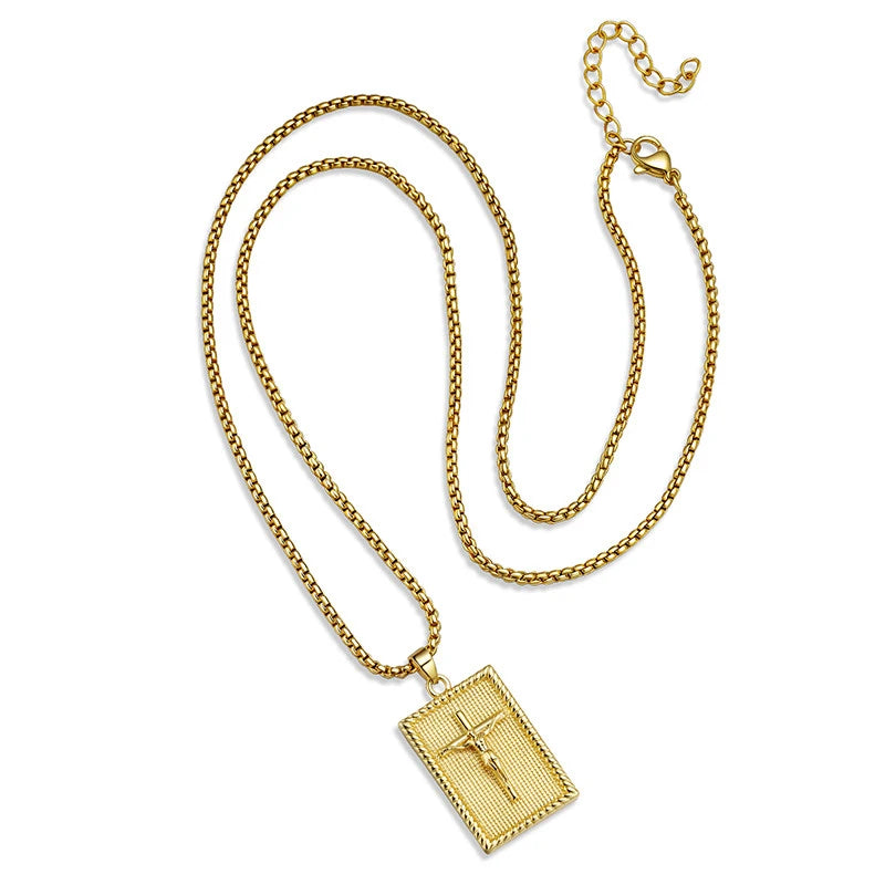 BlessingTree Crucifix Rectangle Pendant Necklace 18K Gold Plated Copper Box Chain with Extender