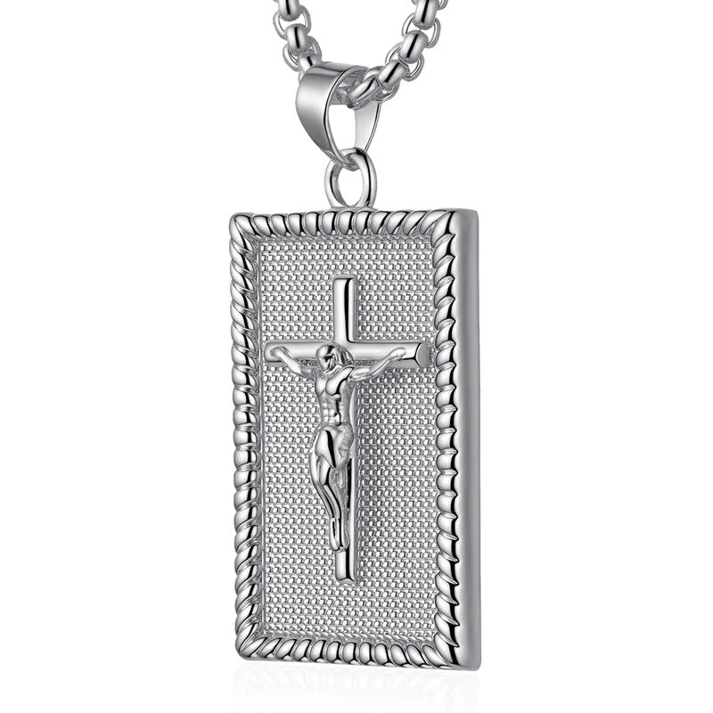 BlessingTree Crucifix Rectangle Pendant Necklace 18K Gold Plated Copper Box Chain with Extender