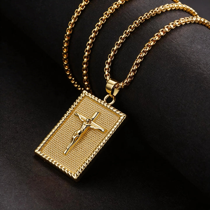 BlessingTree Crucifix Rectangle Pendant Necklace 18K Gold Plated Copper Box Chain with Extender