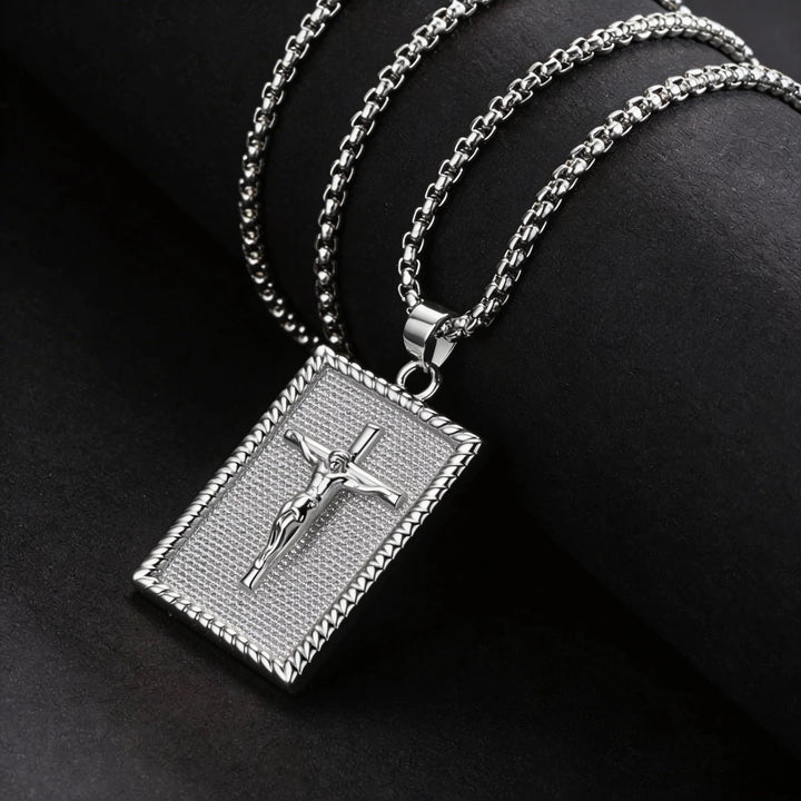 BlessingTree Crucifix Rectangle Pendant Necklace 18K Gold Plated Copper Box Chain with Extender