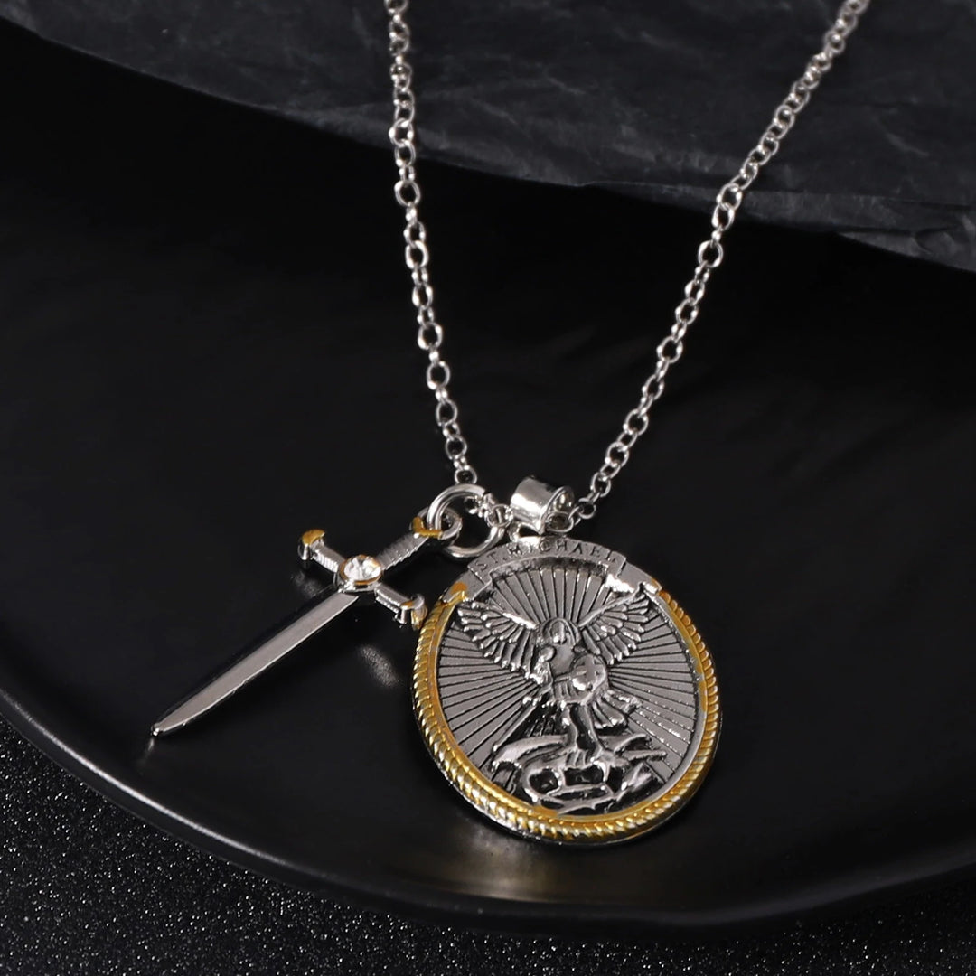 BlessingTree St. Michael the Archangel Medal Necklace with Sword Charm Alloy Catholic Pendant