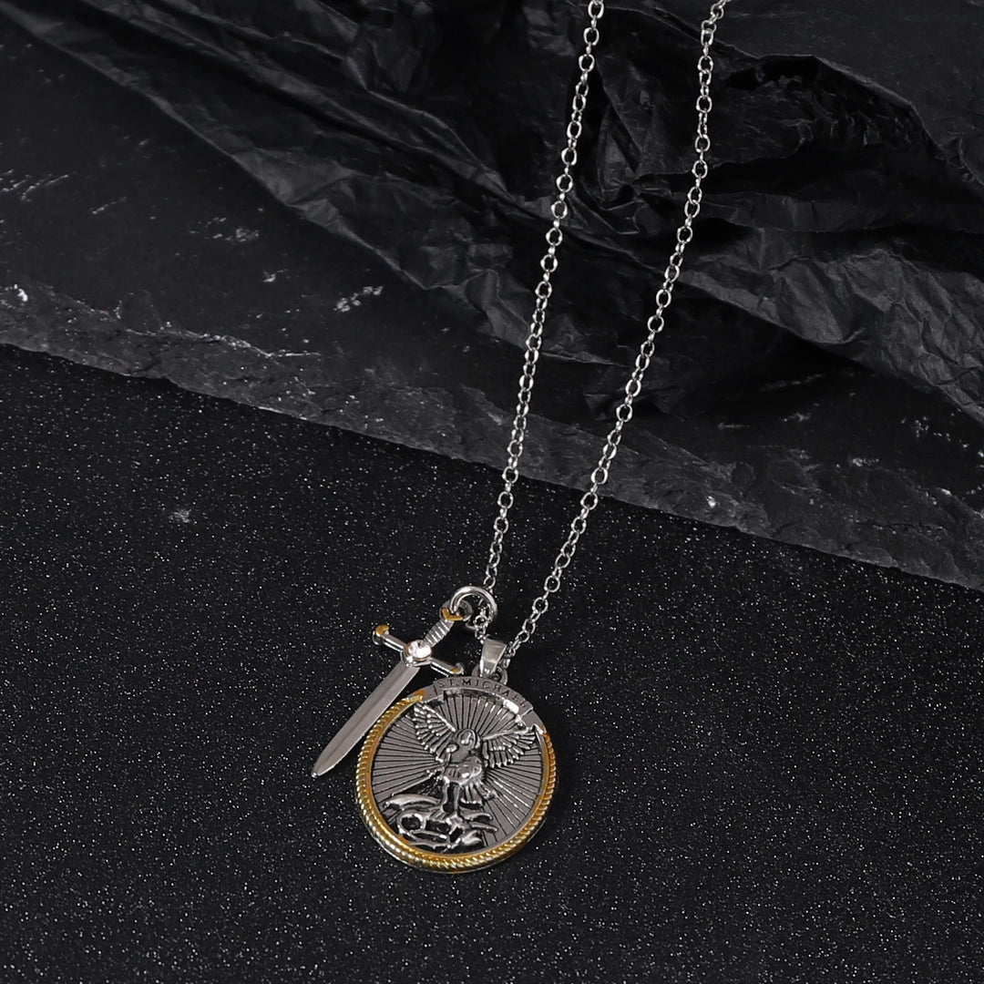 BlessingTree St. Michael the Archangel Medal Necklace with Sword Charm Alloy Catholic Pendant