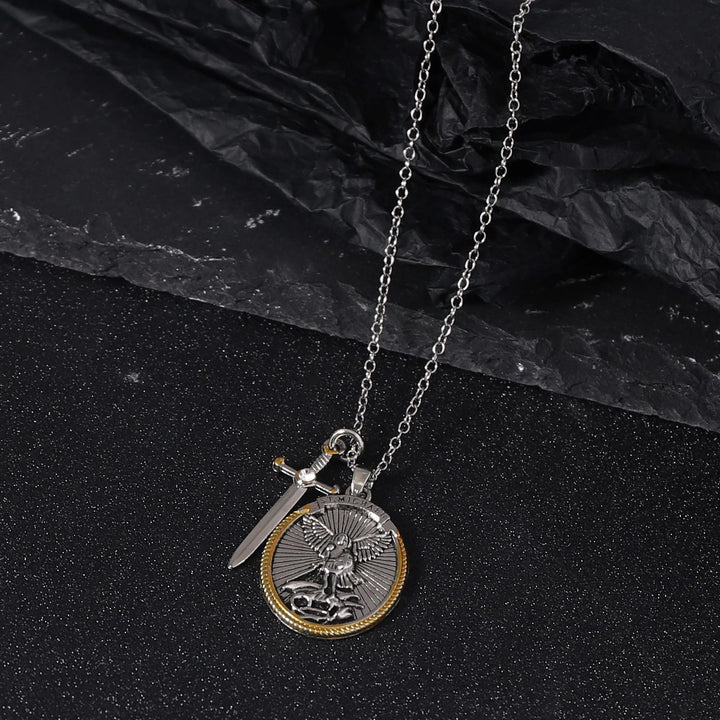 BlessingTree St. Michael the Archangel Medal Necklace with Sword Charm Alloy Catholic Pendant
