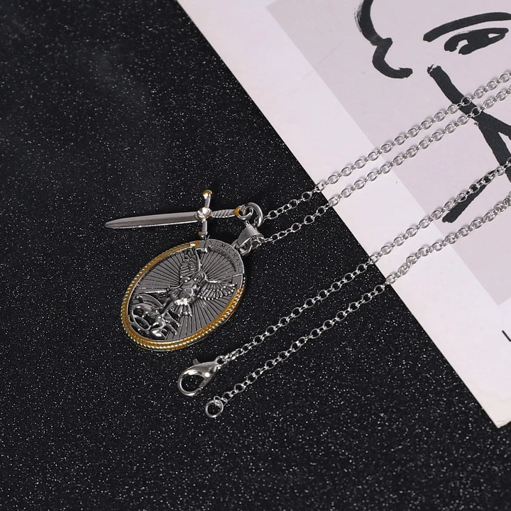 BlessingTree St. Michael the Archangel Medal Necklace with Sword Charm Alloy Catholic Pendant