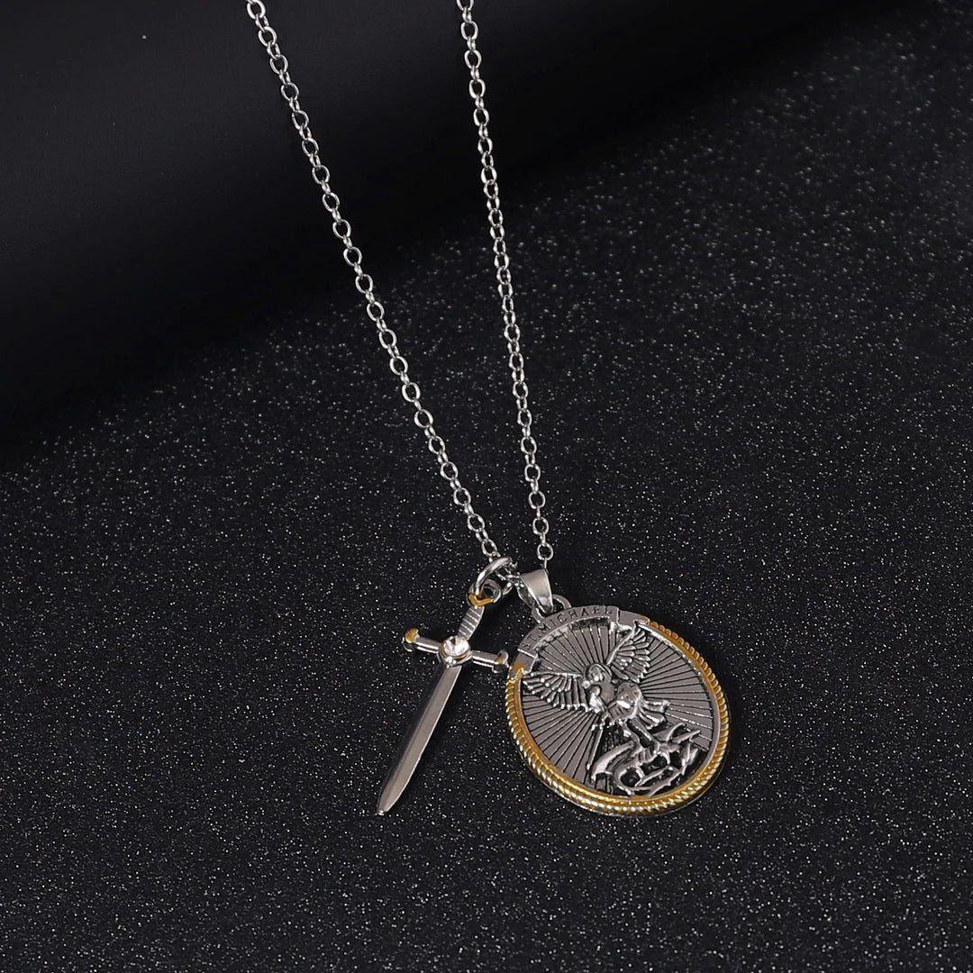 BlessingTree St. Michael the Archangel Medal Necklace with Sword Charm Alloy Catholic Pendant