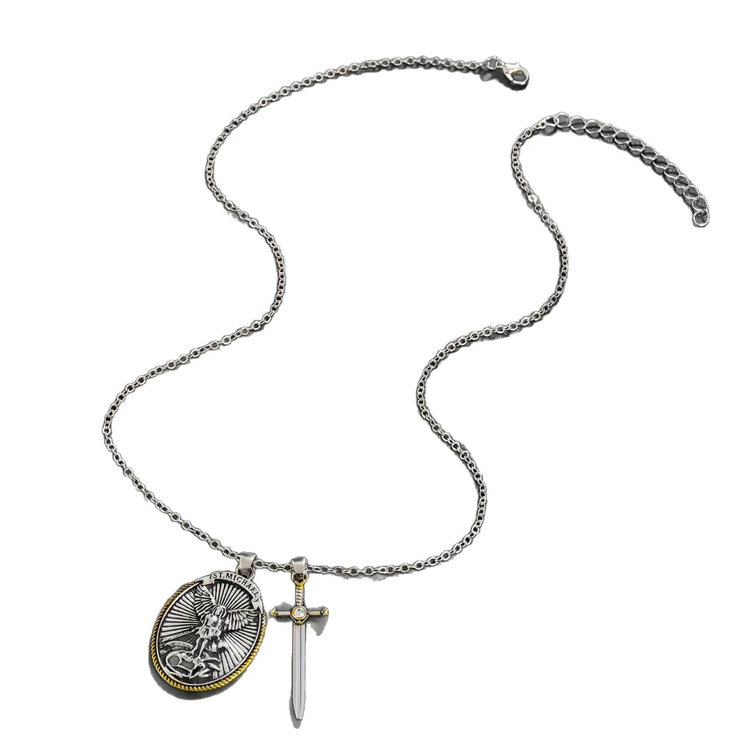 BlessingTree St. Michael the Archangel Medal Necklace with Sword Charm Alloy Catholic Pendant