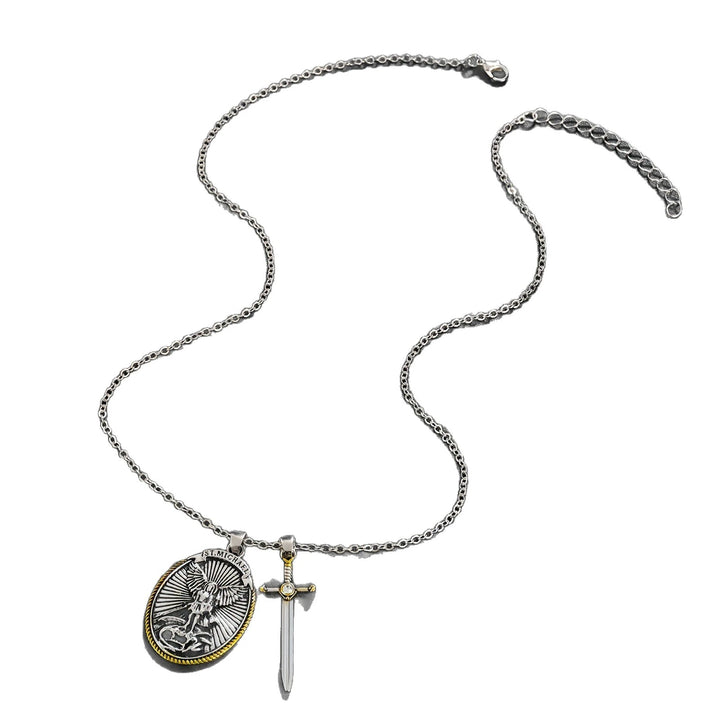 BlessingTree St. Michael the Archangel Medal Necklace with Sword Charm Alloy Catholic Pendant