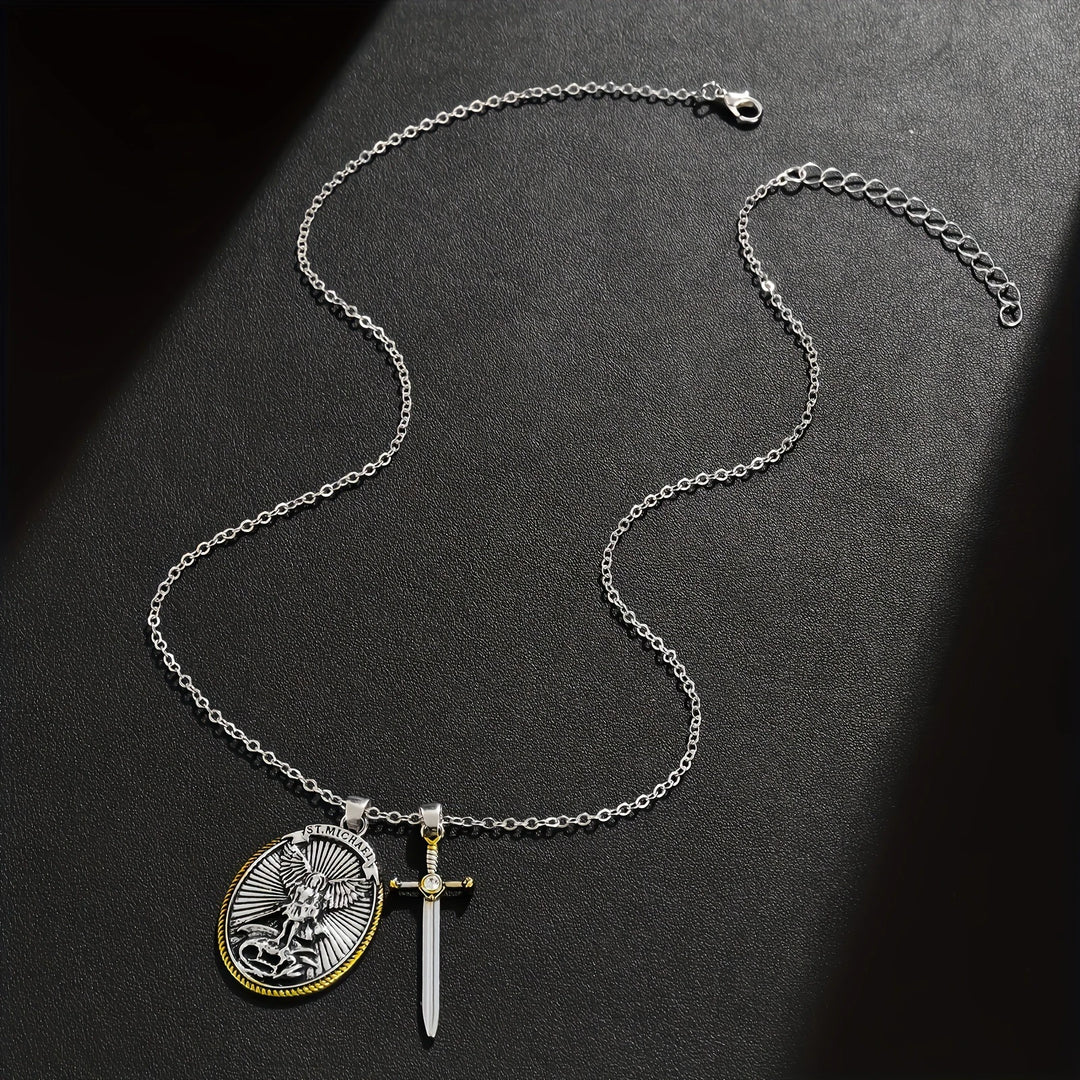 BlessingTree St. Michael the Archangel Medal Necklace with Sword Charm Alloy Catholic Pendant