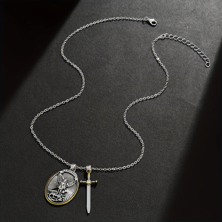 BlessingTree St. Michael the Archangel Medal Necklace with Sword Charm Alloy Catholic Pendant