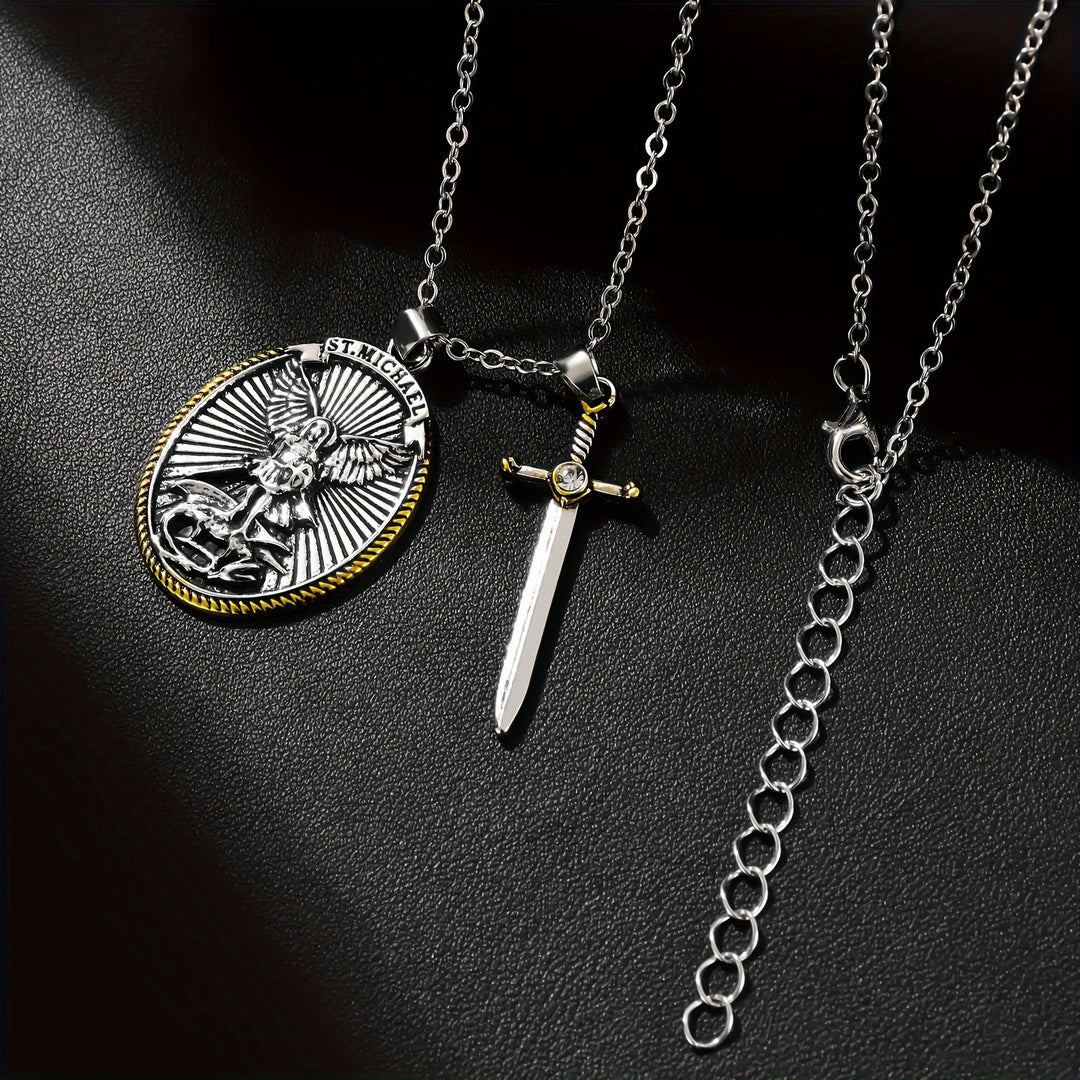 BlessingTree St. Michael the Archangel Medal Necklace with Sword Charm Alloy Catholic Pendant